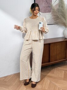 Lounesse Plus Size Women's Casual 2 Pieces Set, Plaid Outfit, Autumn Outdoor Wear Fall - Apricot - View 6