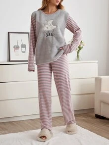 SHEIN Women 2pcs Striped Rib Knit&Fuzzy With Cute Graphic Embroidery Detailed Round Neck Long Sleeved & Long Pants Homewear Comfort Pajama Set - Pink - View 4