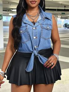 SHEIN CURVE+ Atasan Tanpa Lengan Warna Biru Non-Stretch untuk Wanita Ukuran Plus (Cowgirl Outfit) - Light Wash - View 4