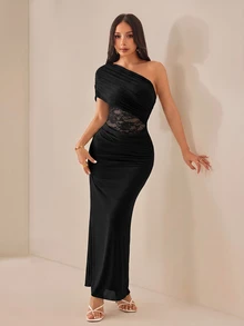 SHEIN PETITE Spring Summer New Elegant Romantic Sexy Mesh Contrast Lace Sheer Waist One Shoulder Ruched Cold Shoulder Cinched Cinched Waist Fitted Black Dress - Black - View 7