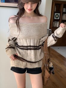 DAZY Women's Square Neck Striped Loose Casual Sweater Fall - Khaki - View 4
