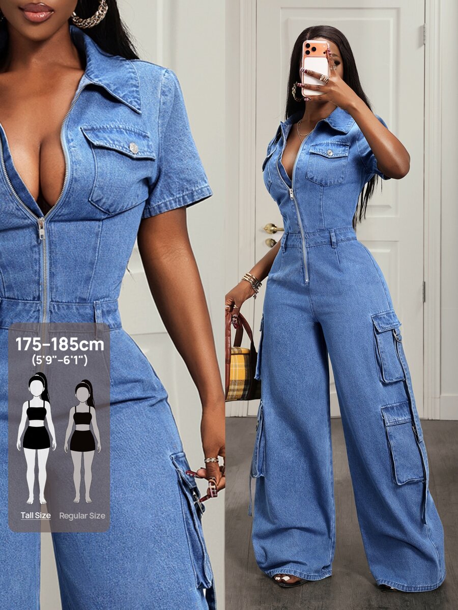 SHEIN Tall Overall Denim Washed dengan Resleting dan Kantong Kargo untuk Wanita Tinggi, Modis, dan Bergaya. - Light Wash - View 1