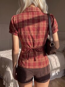 CovetEZ Women's Casual Minimalist Christmas Red Plaid Button-Front Ruched Waist Short Sleeve Blouse, Autumn Top, All-Season Wear, Y2K Style, Vintage Streetwear, Suitable For Daily Commute, Dating, Gathering, Autumn/Winter, Summer, Party, Wedding, Beach, Ideal Choice For Women's Autumn/Winter Clothing And Back To School Season - Burgundy - View 2