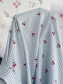 CottageSlumber Plus Size Women's Blue Plaid Cherry Print Open Front Lace Trim Lantern Sleeve Comfortable Draped Woven Bubble Crinkle Pastoral Romantic Waist Tie Long Sleeve Robe Bathrobe - Blue - View 7