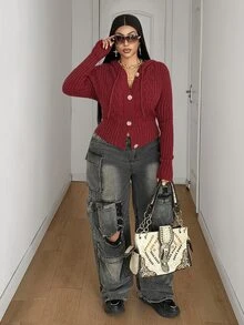 Maweii Plus Size Women's Sexy 2 In 1 Textured Fashion Pullover Sweater - Burgundy - View 6