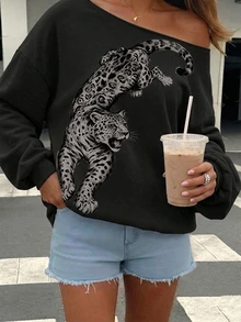 SHEIN EZwear 休閒極簡虎紋印花衛衣 秋冬款 - 彩色 - 查看 5