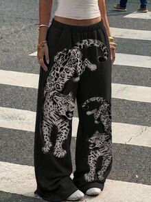 SHEIN EZwear 女款休閒低腰直筒運動長褲，復古虎紋印花，適合春夏秋冬 - 彩色 - 查看 6