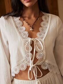 Lullawish Bohemian 100% Lace Hollow Out Women's Pajama Set - White - View 4