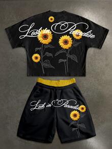 Manfinity ZONE917 Boxy Cropped Street Sunflower Graphic Print Batwing Sleeve T-Shirt & Double Waistband Short Sweatpants Set - Black - View 1