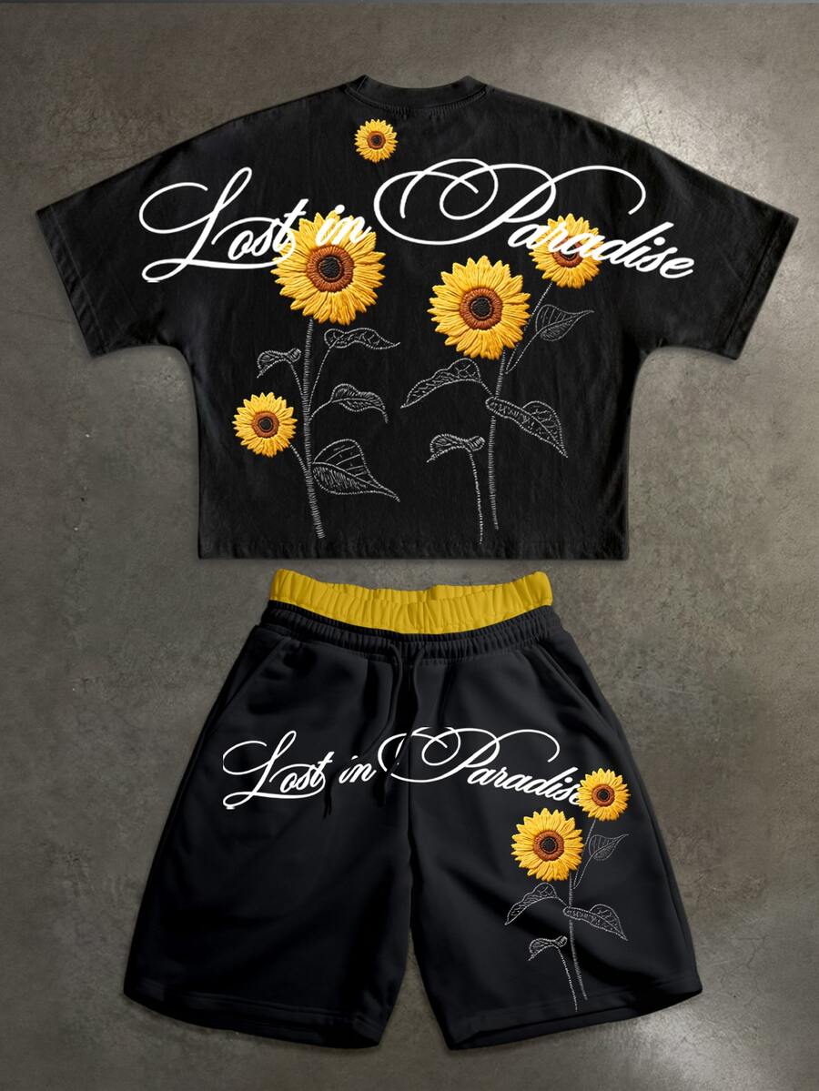 Manfinity ZONE917 Boxy Cropped Street Sunflower Graphic Print Batwing Sleeve T-Shirt & Double Waistband Short Sweatpants Set - Black - View 1