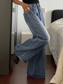 DAZY 青少年女孩休閒水洗水鑽寬腿牛仔褲 - 中等水洗藍 - 查看 5