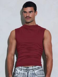FeverCity Men's Solid Color Pleated Slim Fit Casual Versatile Tank Top - Red - View 4