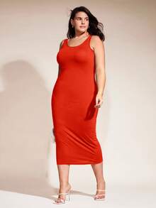 SHEIN BASICS 大尺碼純色貼身休閒晚餐約會洋裝 夏季女款優雅連身裙 - 亮橙色 - 查看 4
