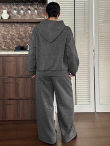 Livesso Plus Size Thermal Lined Thick Sequin Design Autumn Winter Loose Casual Hoodie Sweatshirt And Straight Leg Pants 2pcs Set - Dark Grey - View 2
