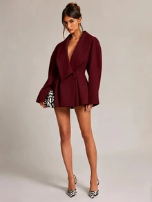 SHEIN BAE 女款純色休閒百搭通勤旅行西裝外套 - 酒紅色 - 查看 4