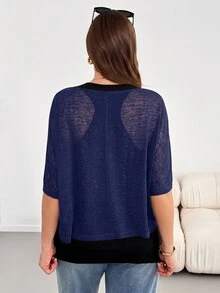 SHEIN Essnce مجموعة نسائية مقاس كبير من قطعتين تي شيرت بلون موحد وأكمام خفاشية وتوب بدون أكمام كاجوال فضفاضة - أزرق بحري - مشاهدة 2