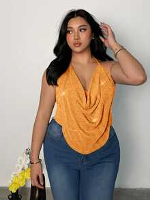 Firerie Plus Size Women's Cowl Neck Fashion Sexy Halter Tank Top - Coral Orange - View 3