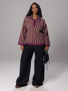 Rustia Sweater Pullover Kasual Longgar Lengan Panjang Bergaris Model Bahu Jatuh untuk Wanita Ukuran Besar Musim Dingin - Krem - View 7