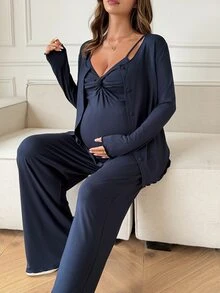 Dazy Maternity Solid Color Fitted Twisted Tank Top, Straight Leg Pants, Loose Cardigan, Casual Home Daily 3-Piece Set, Spring/Autumn Maternity 2-Piece Set - Blue - View 6