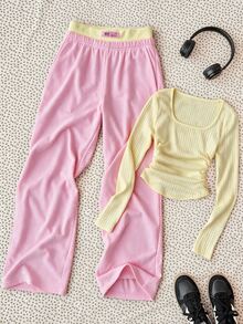 SHEIN Tween Girl Solid Color Kids Square Neck Long Sleeve Ruched T-Shirt And Sweatpants Casual Set Suitable For Spring And Summer Suitable For Autumn Daily - Multicolor - View 1