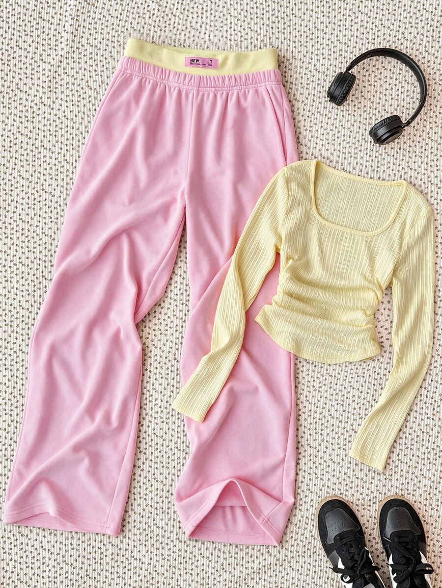 SHEIN Tween Girl Solid Color Kids Square Neck Long Sleeve Ruched T-Shirt And Sweatpants Casual Set Suitable For Spring And Summer Suitable For Autumn Daily - Multicolor - View 1