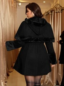 Reflora Plus Size Women Solid Color Patchwork Faux Fur Cape Overcoat Black Autumn Elegante - Black - View 2