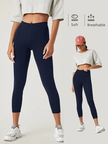 SHEIN BASICS 女款純色透氣七分緊身褲 夏季健身瑜伽運動穿搭 海軍藍 休閒基礎款 - 藏蓝色 - 查看 1