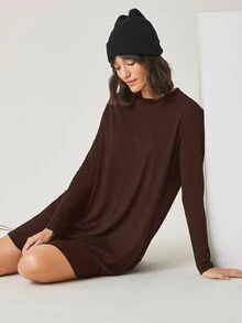 SHEIN BASICS 純色T恤洋裝/秋季女款日常居家深棕色休閒穿搭 - 棕色 - 查看 4