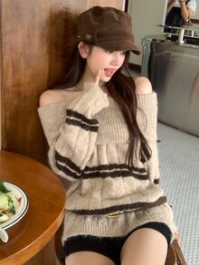 DAZY Women's Square Neck Striped Loose Casual Sweater Fall - Khaki - View 3