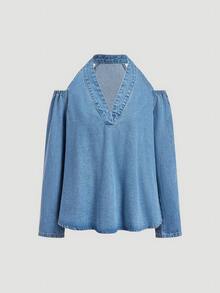 Balvessa Women's Off-Shoulder Long Sleeve Fashion Halter Neck Denim Top - Blue - View 5