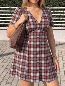 GalTyme 大尺碼女款格紋V領短袖鈕扣設計休閒洋裝 - 酒紅色 - 查看 5