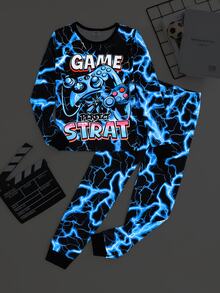 SHEIN 2件組兒童青少年男孩休閒日常舒適遊戲機螢光圖案圓領套頭睡衣上衣與長褲針織居家服緊身套裝 - 黑色 - 查看 1