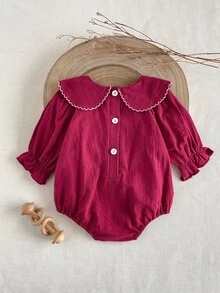 SHEIN Infant Girls Pastoral Embroidered Doll Large Collar Bowknot Cute Ruffle Elastic Cuff Long Sleeve Romper Autumn - Burgundy - View 2