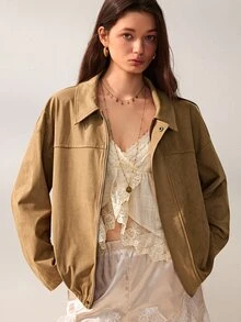Willow Rêve Women's Camel Loose Suede Jacket, Zip Front, Collared Neck, Elastic Hem, Solid Color, Vintage Western Boho Casual Autumn Travel, Elegant Everyday - Khaki - View 8