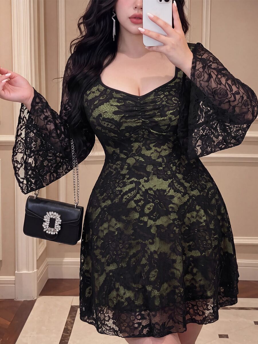 Vibekara Plus Size Sexy Square Neck Cinched Waist A-Line Lace Contrast Color Dress Fall - Black - View 1