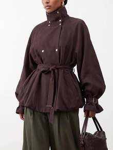 Zivah 2026 New Equestrian Club Casual Vacation Deep Brown Napoleon Nautical Style Trench Coat, Short Trench Jacket, Suitable For Multiple Occasions, Elegant Women's Autumn Outfit - Brown - View 5