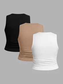 SHEIN CURVE+ 3pcs Plus Size Solid Color Casual Round Neck Camisole Tank Top Set All, Fall Winter 2026 22W - Multicolor - View 2