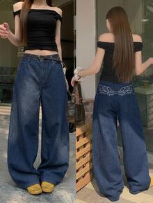 DAZY Women's Loose Embroidered Korean Style Washed Denim Jeans, Versatile For Spring And Summer - Blue - View 6