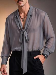ZURIURI Men's Sheer Sexy Casual Shirt With Ribbon - Grey - View 7