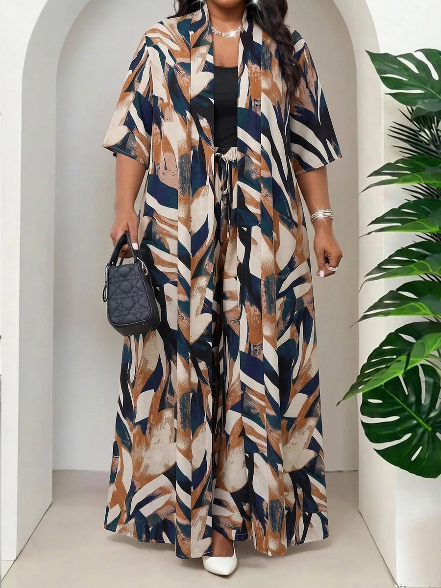 SHEIN Lady 大尺碼女款度假全印花短袖睡袍與長褲休閒兩件套 - 彩色 - 查看 1