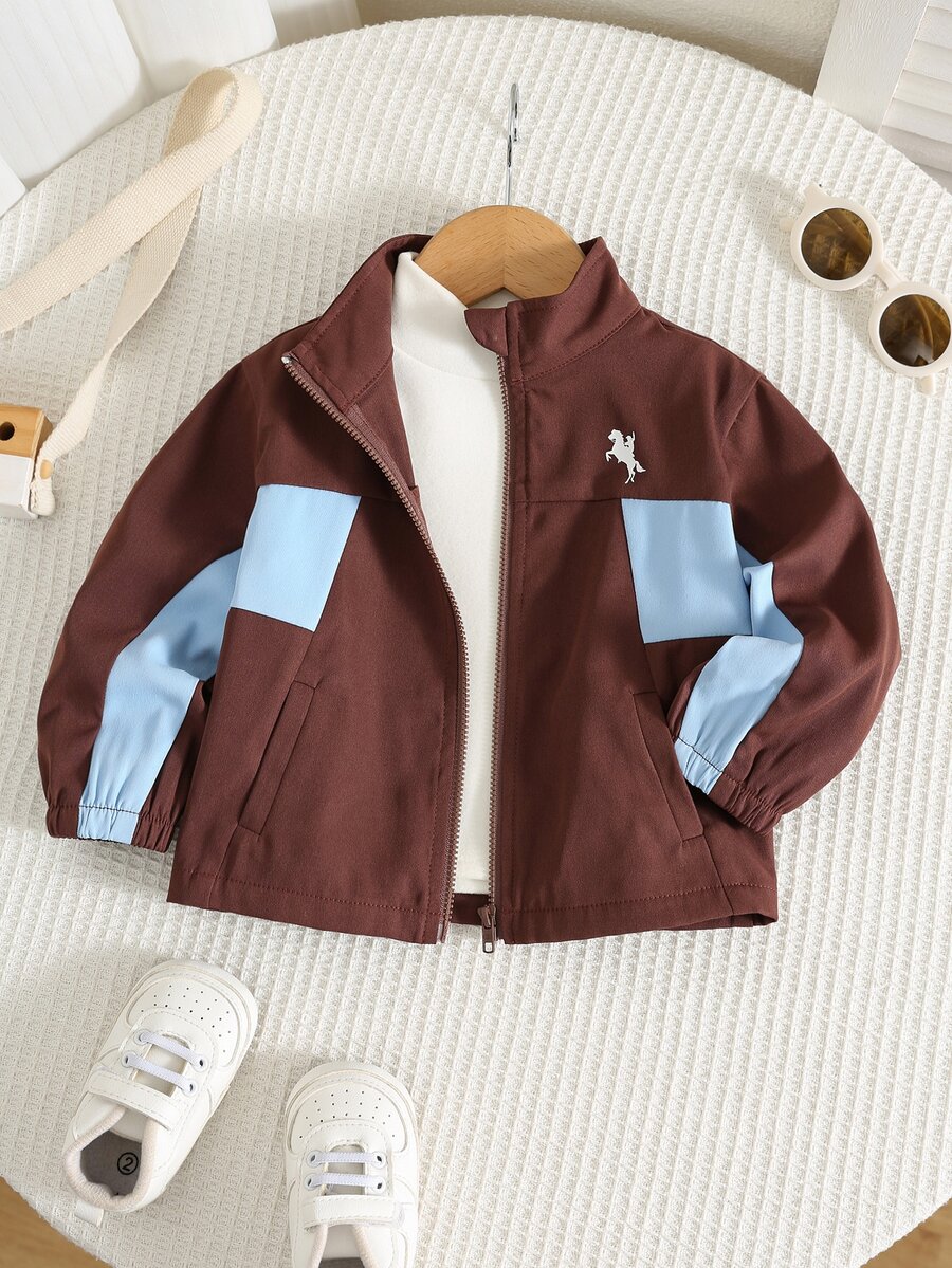 SHEIN Baby Boy Colorblock Round Neck Long Sleeve Jacket, Versatile And Comfortable - Multicolor - View 1
