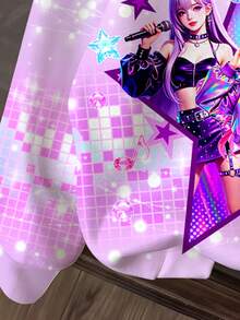 SHEIN 青少年女孩休閒可愛卡通女團印花 K-Pop 超級巨星款 厚實柔軟舒適連帽衛衣，適合秋冬穿著 - 彩色 - 查看 4