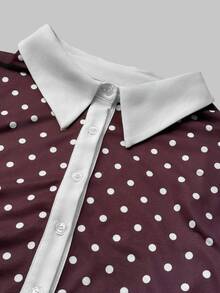 Maweii Set Atasan Kancing Kerah Polkadot Ukuran Besar dan Rok Polkadot Belahan Belakang, Busana Elegan Serbaguna untuk Komuter, Set Pakaian Dalam Musim Gugur/Dingin - Coklat - View 7