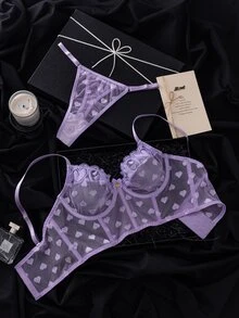 SHEIN 愛心網紗愛心蕾絲鋼圈內衣與丁字褲內衣兩件套 - 紫色 - 查看 6