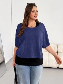 SHEIN Essnce مجموعة نسائية مقاس كبير من قطعتين تي شيرت بلون موحد وأكمام خفاشية وتوب بدون أكمام كاجوال فضفاضة - أزرق بحري - مشاهدة 6