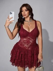 Viva Relle Burgundy Sheer Floral Lace Spaghetti Strap Mini Dress Scallop Lace Neckline Ruffled Voluminous Tier Hem Homecoming Holiday Cocktail Party Gown - Burgundy - View 4