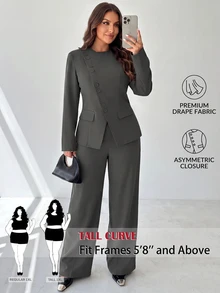 SHEIN Tall CURVE Conjunto de Blazer y Pantalones de Moda para Talla Grande de Estilo Ejecutivo - Gris Oscuro - Ver 1