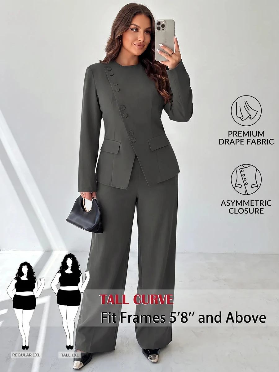 SHEIN Tall CURVE Conjunto de Blazer y Pantalones de Moda para Talla Grande de Estilo Ejecutivo - Gris Oscuro - Ver 1