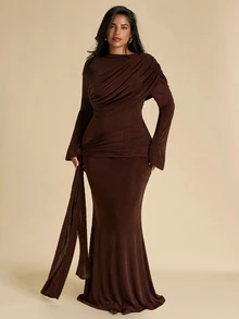 SHEIN BAE CURVE Plus Size Women Deep Burgundy Ruched Long Dress With Bow, Elegant Cocktail Dress, Halloween Fall - Brown - View 5