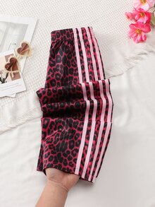 SHEIN 少女豹紋拼接休閒日常長褲 - 玫紅色 - 查看 8